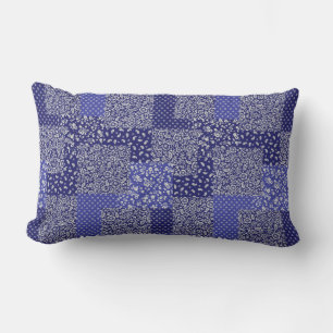 Patchwork Pattern Chintz Shades of Blue Polka Dot Lumbar Pillow