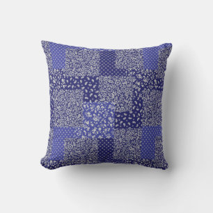 Patchwork Pattern Chintz Shades of Blue Polka Dot Throw Pillow