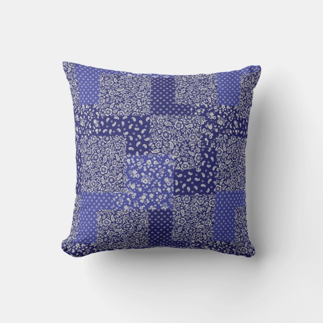 Patchwork Pattern Chintz Shades of Blue Polka Dot  Throw Pillow (Front)