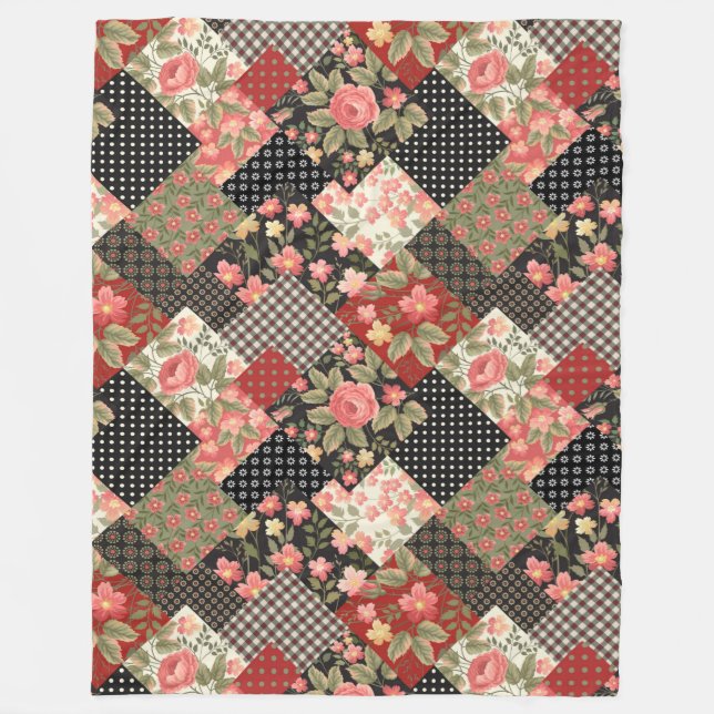 Patchwork Pattern Flowers Polka Dot Geometric Plai Fleece Blanket (Front)