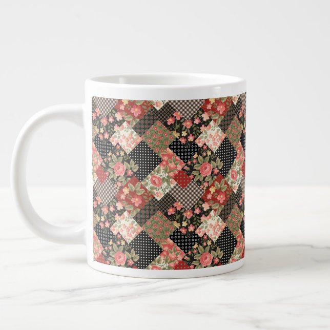 Patchwork Pattern Flowers Polka Dot Geometric Plai Large Coffee Mug (Left)