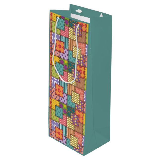 Patchwork Pattern Flowers Polka Dot Stripe   Wine Gift Bag (Front Angled)