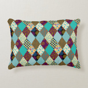 Patchwork Pattern Geometric Plaid Blue Purple Dots Accent Pillow