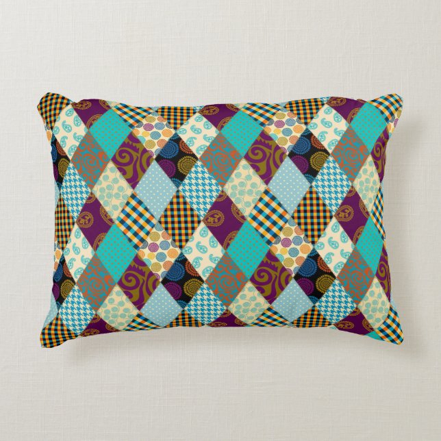Patchwork Pattern Geometric Plaid Blue Purple Dots Accent Pillow (Front)