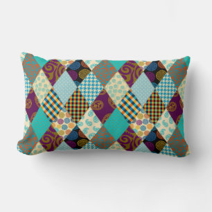 Patchwork Pattern Geometric Plaid Blue Purple Dots Lumbar Pillow