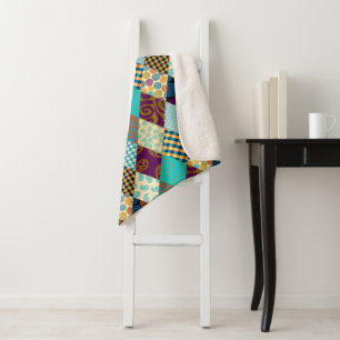Patchwork Pattern Geometric Plaid Blue Purple Dots Sherpa Blanket