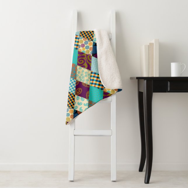 Patchwork Pattern Geometric Plaid Blue Purple Dots Sherpa Blanket (In Situ)