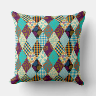 Patchwork Pattern Geometric Plaid Blue Purple Dots Throw Pillow