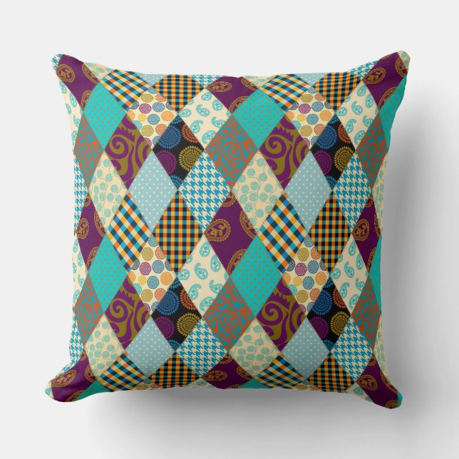 Patchwork Pattern Geometric Plaid Blue Purple Dots Throw Pillow (Front)