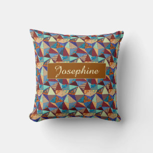 Patchwork Pattern Geometric Triangle Square Blue  Throw Pillow