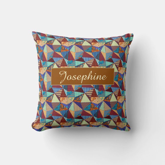 Patchwork Pattern Geometric Triangle Square Blue  Throw Pillow (Front)
