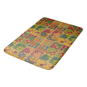 Patchwork Pattern Heart Button Stripe Green Yellow Bath Mat