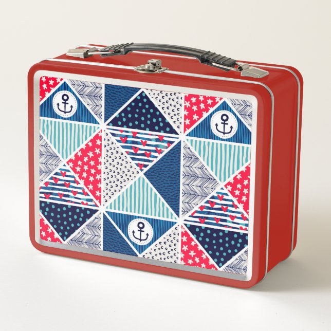 Patchwork Pattern with Nautical Element Polka Dot  Metal Lunch Box (Front)