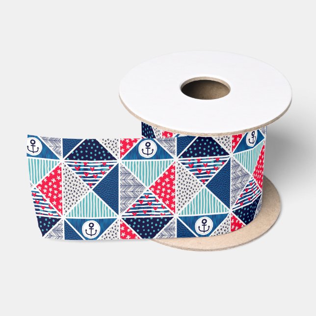 Patchwork Pattern with Nautical Element Polka Dot  Satin Ribbon (Spool)