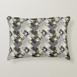 Patchwork Pattern with Stripes and Yellow Roses Accent Pillow
