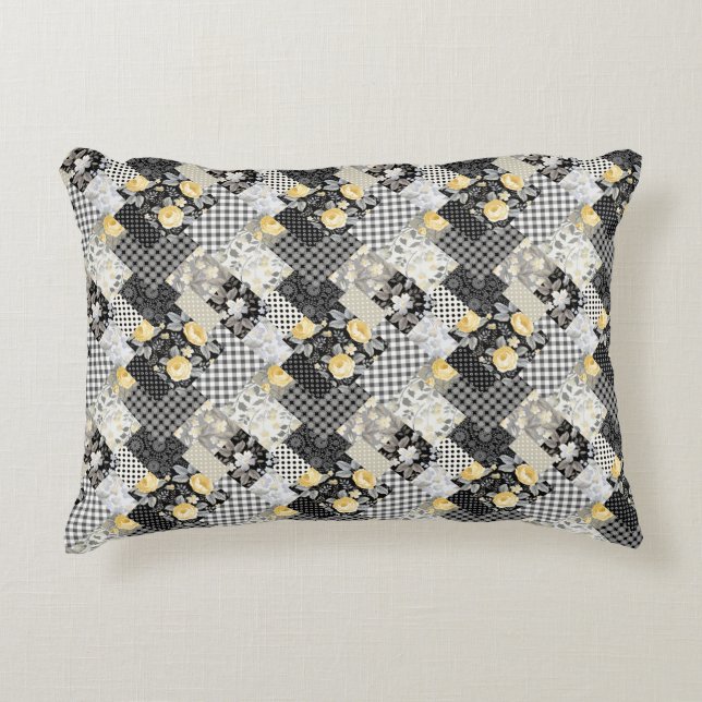 Patchwork Pattern with Stripes and Yellow Roses   Accent Pillow (Front)