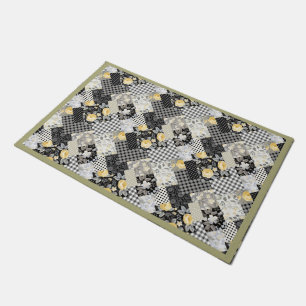 Patchwork Pattern with Stripes and Yellow Roses Doormat