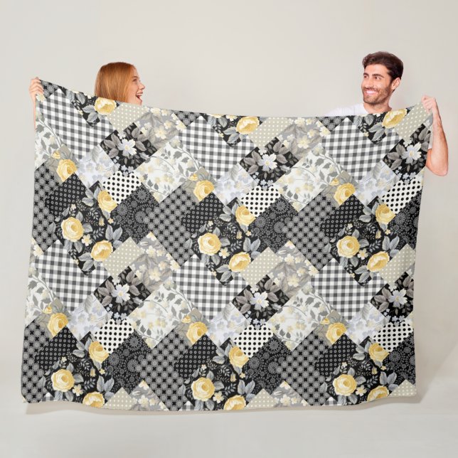Patchwork Pattern with Stripes and Yellow Roses Fleece Blanket (In Situ)