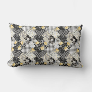 Patchwork Pattern with Stripes and Yellow Roses Lumbar Pillow