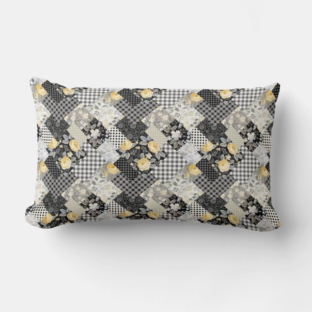 Patchwork Pattern with Stripes and Yellow Roses  Lumbar Pillow (Front)