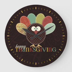 Patchwork Patterned Turkey for Thanksgiving Large Clock