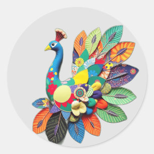 Patchwork Peacock Illustration Classic Round Sticker