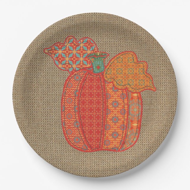 Patchwork Pumpkin Thanksgiving Paper Plates 9" (Front)