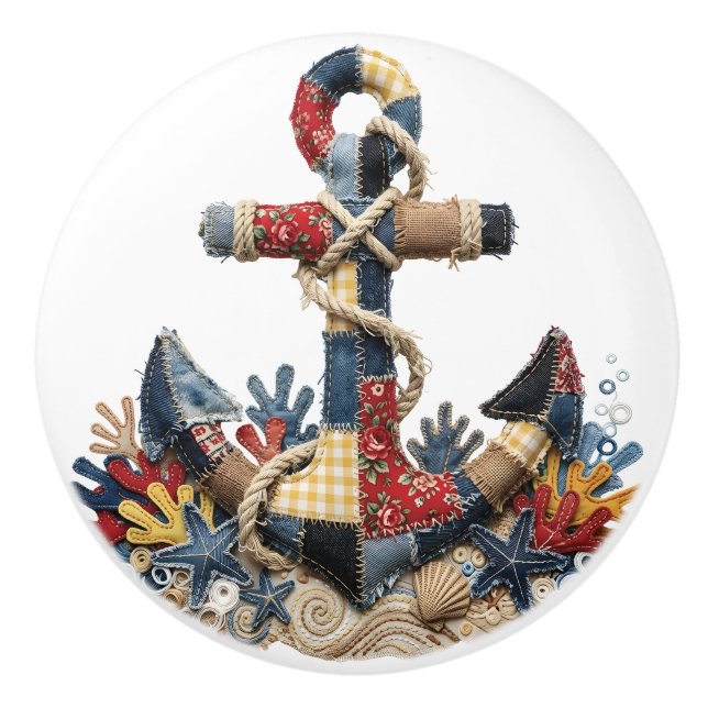 Patchwork Quilt Anchor Ceramic Knob (Front)