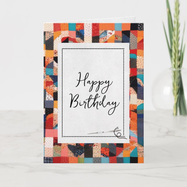 Patchwork Quilt and Needle Birthday  Card (Front)