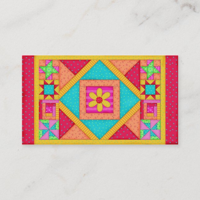 Patchwork Quilt Block Art Red Yellow Custom Business Card (Front)