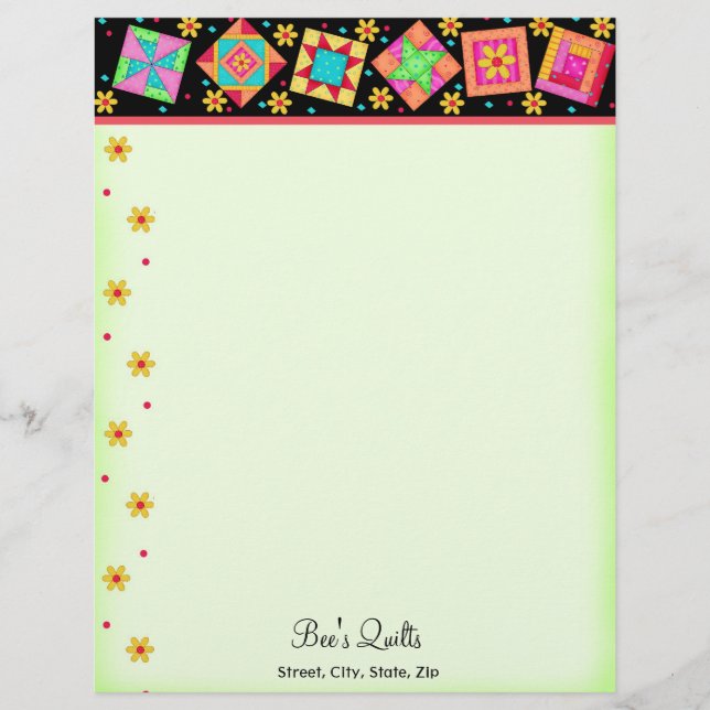 Patchwork Quilt Blocks Black Green Letterhead (Front)