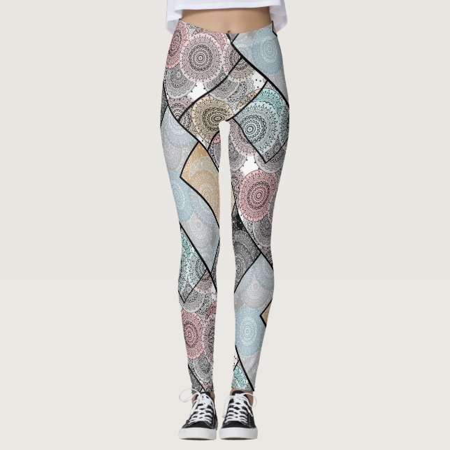 Patchwork quilt ceramic tile circles mandala paste leggings (Front)