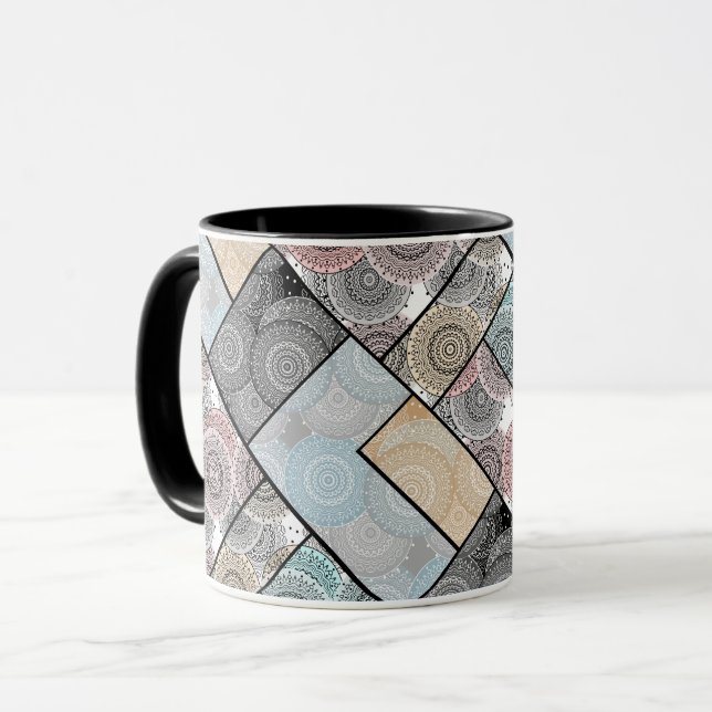 Patchwork quilt ceramic tile circles mandala paste mug (Front Left)