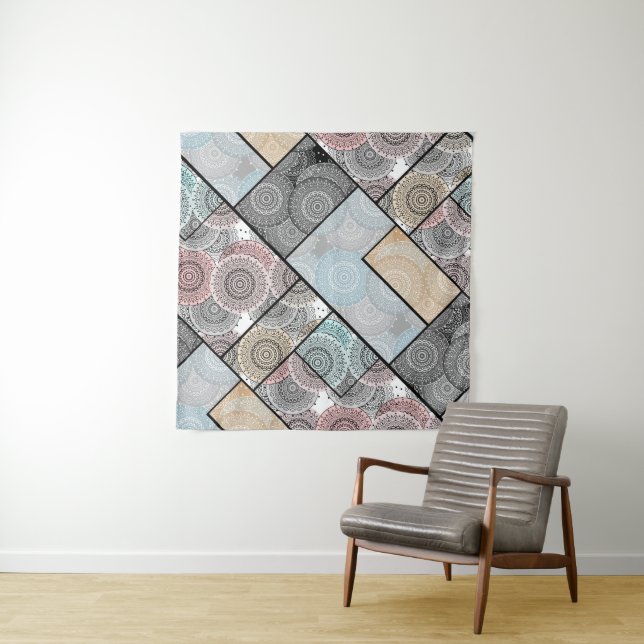 Patchwork quilt ceramic tile circles mandala paste tapestry (In Situ)