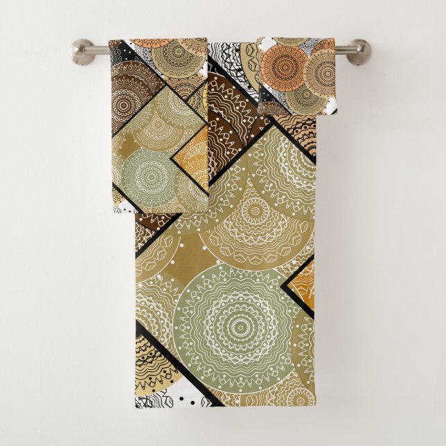 Patchwork quilt ceramic tile circles mandala patch bath towel set (Insitu)