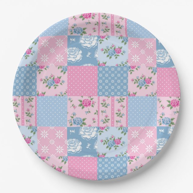 Patchwork Quilt Multicolored Gingham Paper Plate (Front)