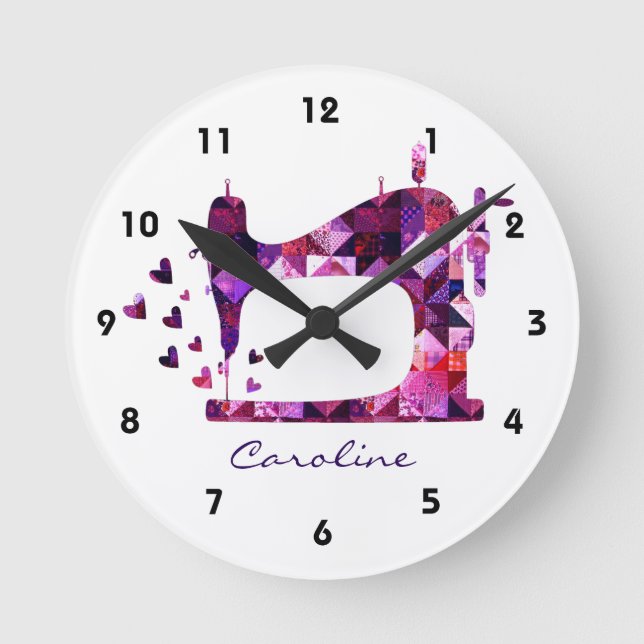 Patchwork Quilt Purple Sewing Machine Wall Clock (Front)