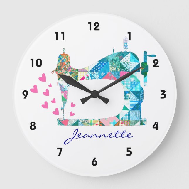 Patchwork Quilt Sewing Machine Wall Clock (Front)
