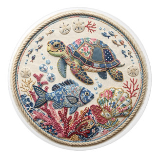 Patchwork Quilt Turtle and Fish Ceramic Knob