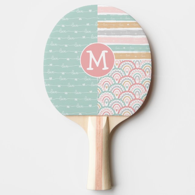 Patchwork Rainbow Hearts Monogram Ping Pong Paddle (Front)