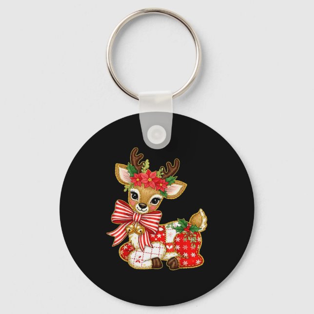 Patchwork Reindeer Preppy Girly Christmas Xmas Hol Keychain (Front)