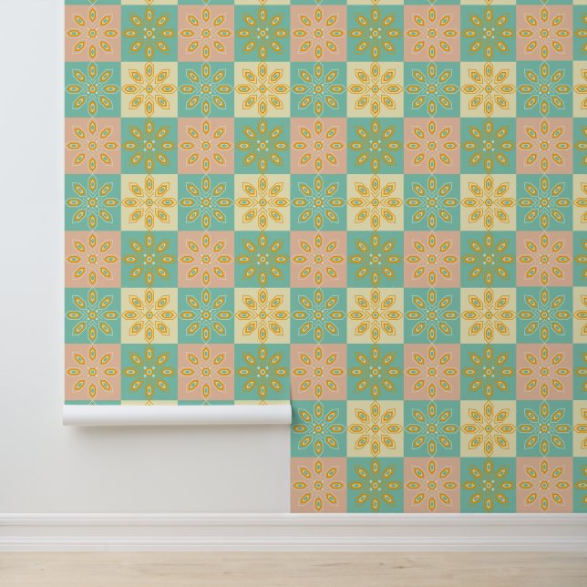 Patchwork Retro Mid Century Floral Wallpaper (Application)