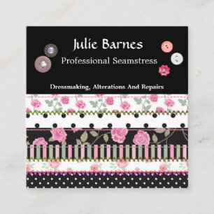 Patchwork Roses Stripes Polka Dots Seamstress Squa Square Business Card