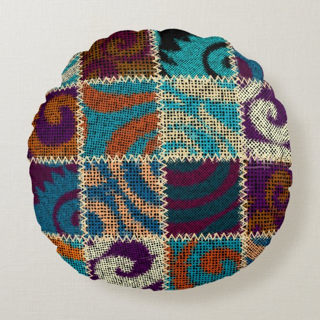 Patchwork Rough Canvas Vintage Imitation Round Pillow (Front)