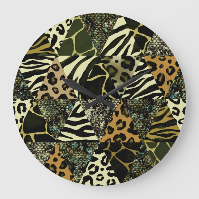 Patchwork Safari: Watercolor Animal Print. Large Clock (Front)