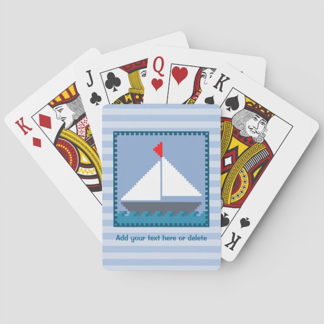 Patchwork Sail Boat In Blue and White Personalized Playing Cards (Back)