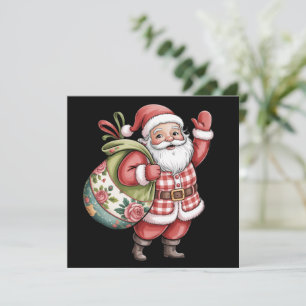Patchwork Santa Christmas Retro Merry And Bright  Holiday Card