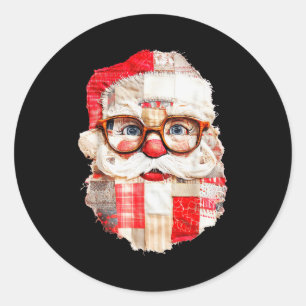 Patchwork Santa Claus Face Preppy Girly Christmas  Classic Round Sticker