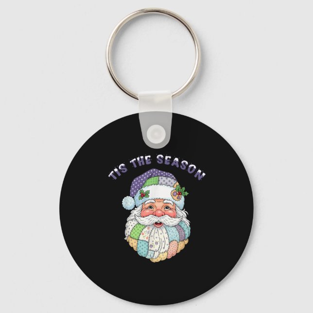 Patchwork Santa Claus Face Preppy Girly Christmas  Keychain (Front)