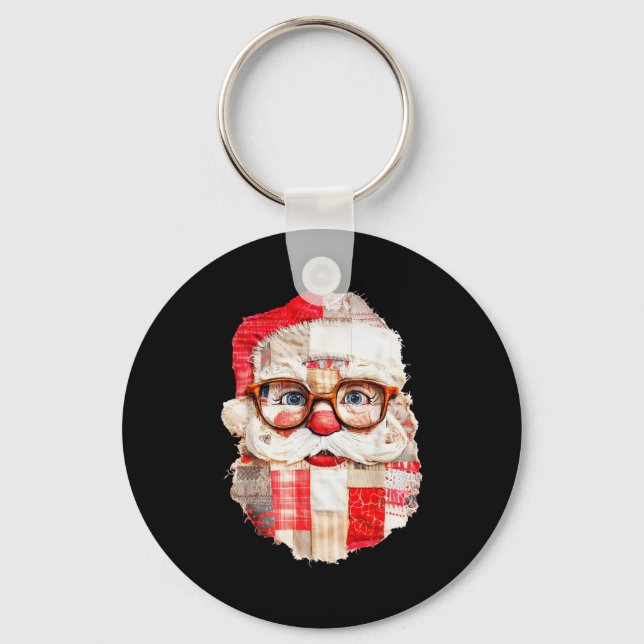 Patchwork Santa Claus Face Preppy Girly Christmas  Keychain (Front)